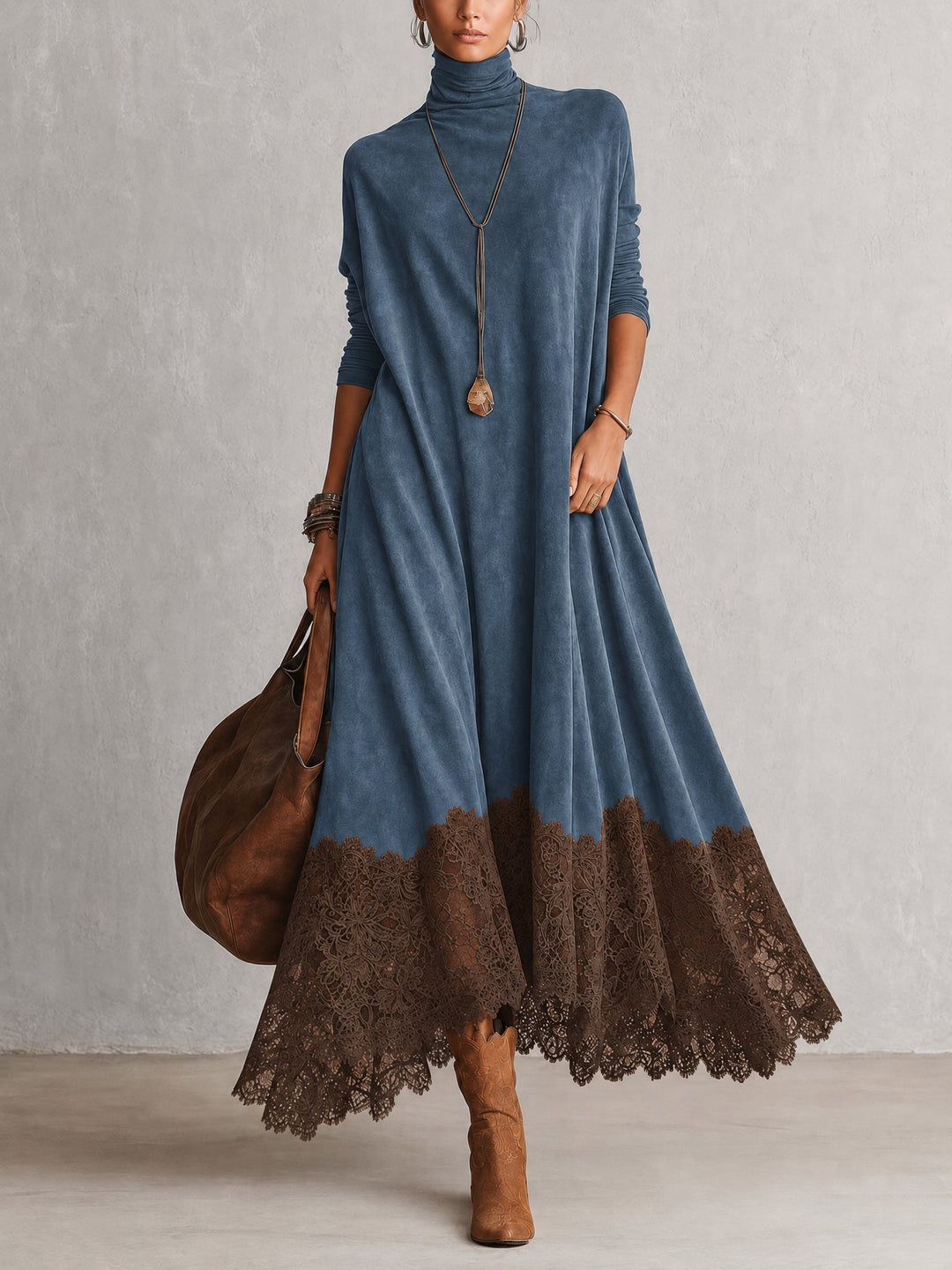 Maelis - Velvety Lace-Trim Maxi Dress