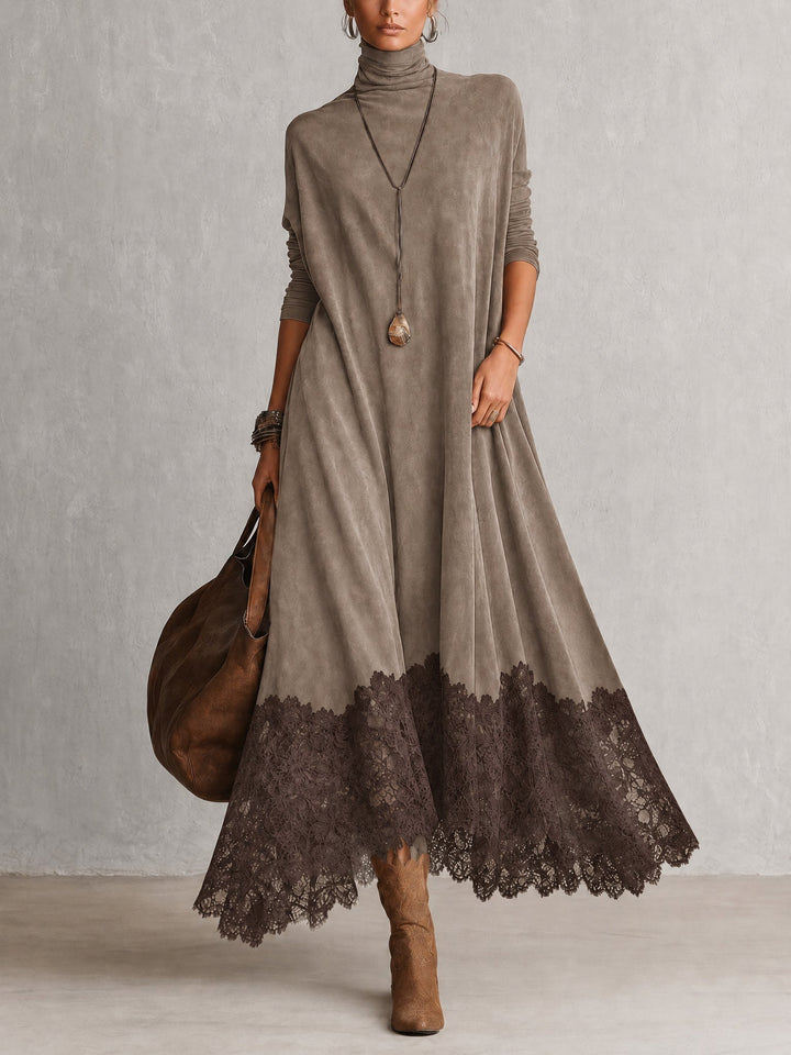 Maelis - Velvety Lace-Trim Maxi Dress