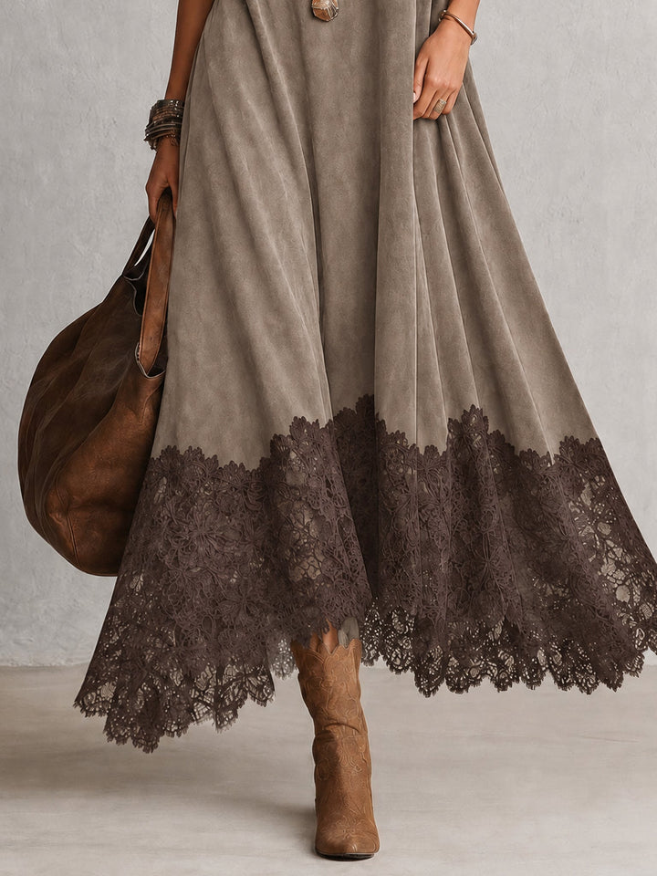 Maelis - Velvety Lace-Trim Maxi Dress