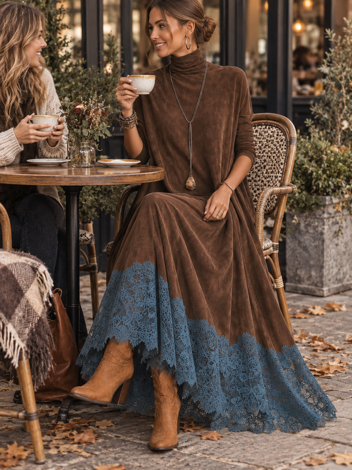 Maelis - Velvety Lace-Trim Maxi Dress