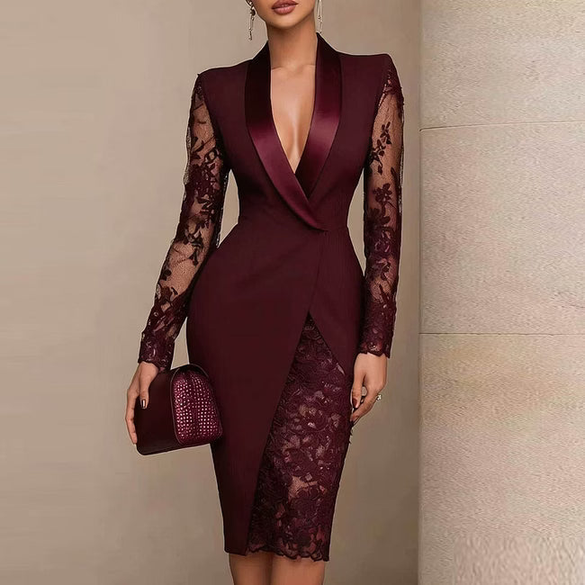 Menna - Elegant Lace Sleeve Tailored Midi Dress
