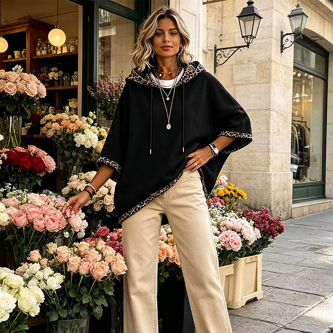 Aliz - Leopard Trim Batwing Hooded Sweatshirt