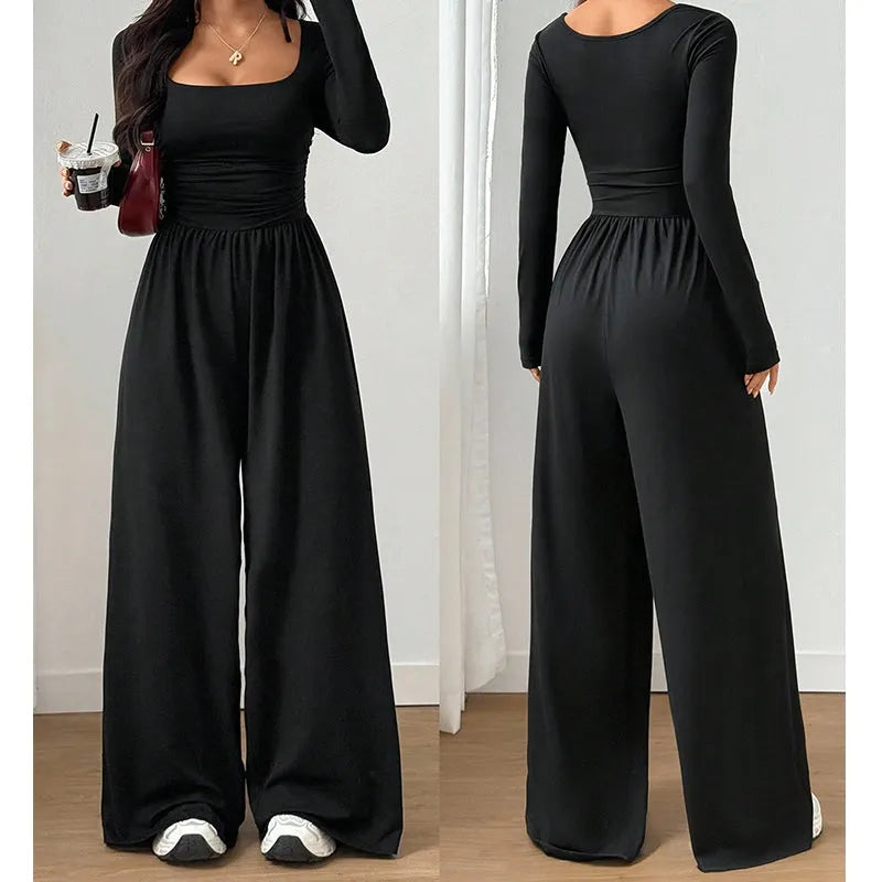 Alise - Ruched Square Neck Wide Leg Jumpsuit